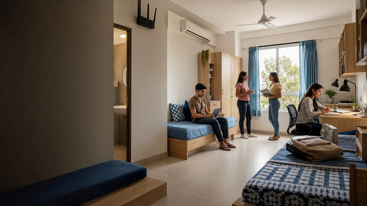 A tidy hostel room with beds and study space