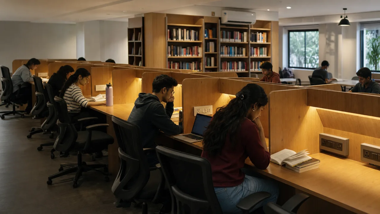 A quiet reading room with individual study desks and warm lighting